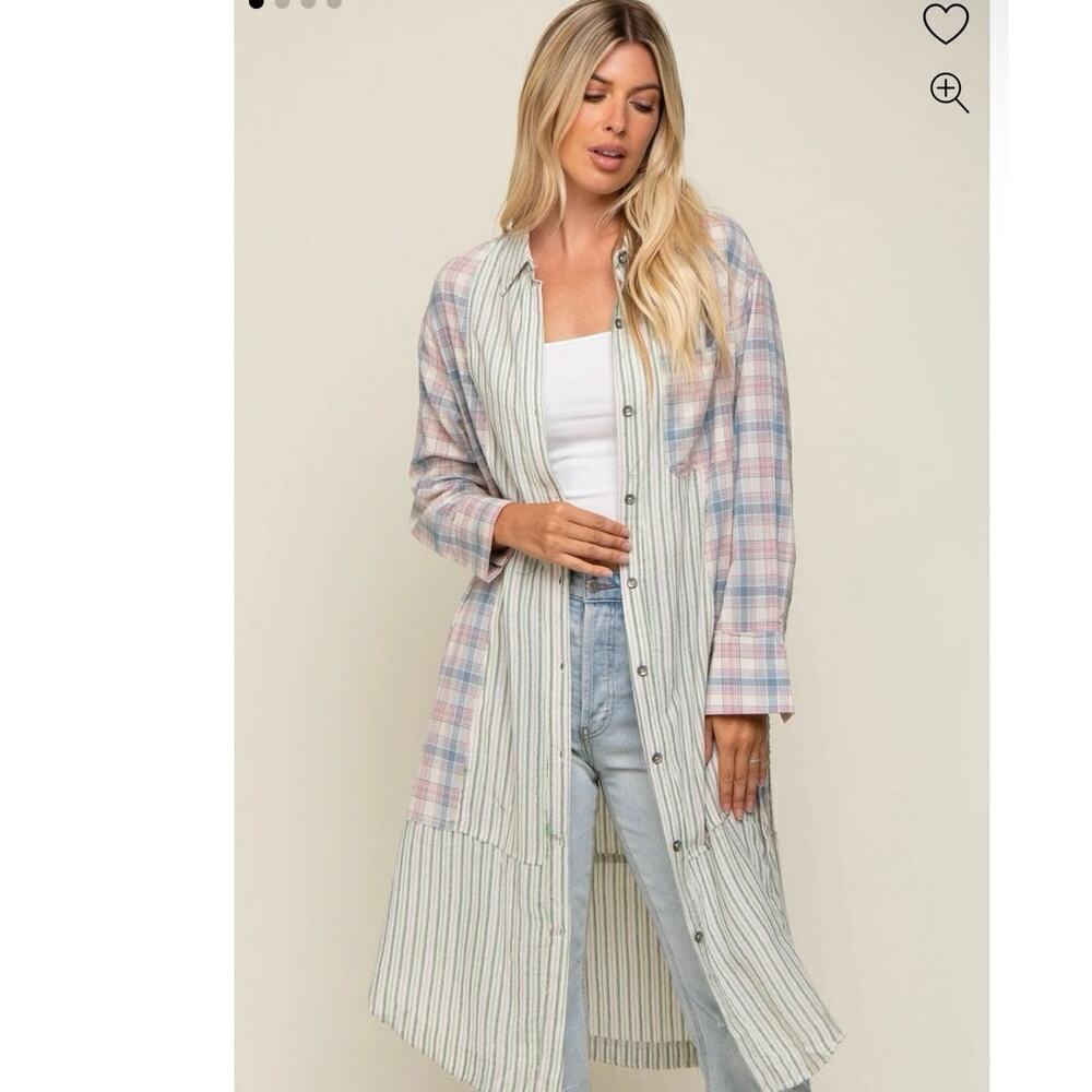 LISTICLE Cotton Plaid Mixed Print Button Down Shirt Long Line Blue & Pink Med